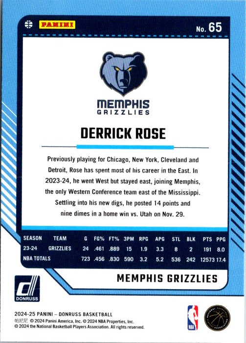 Derrick Rose trading card from DONRUSS PANINI featuring Memphis Grizzlies information