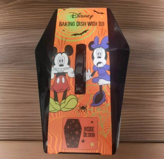 Disney Mickey and Minnie coffin dish with lid featuring festive Halloween design