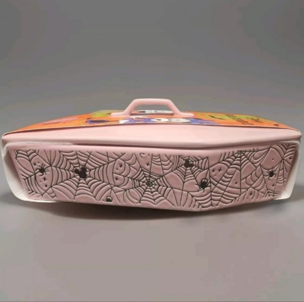 Mickey Minnie coffin dish with colorful design and spider web detailing for Halloween decor