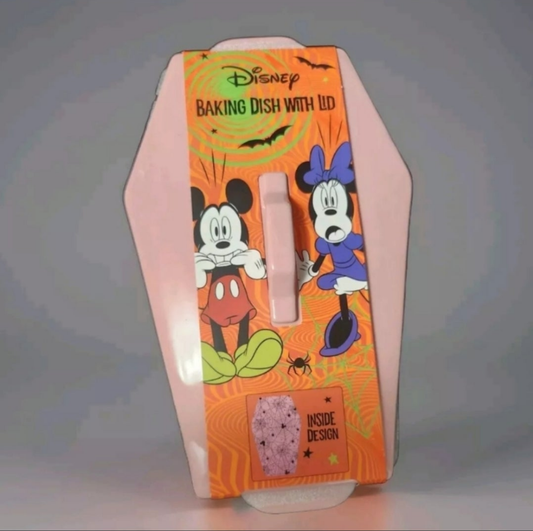 Disney Mickey Minnie coffin dish in pink with lid, perfect for Halloween baking and décor