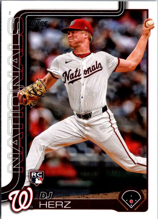 Topps DJ Herz rookie card featuring Herz pitching for the Nationals in a white uniform