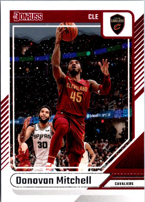 Donovan Mitchell trading card featuring the player in Cavaliers uniform making a jump shot