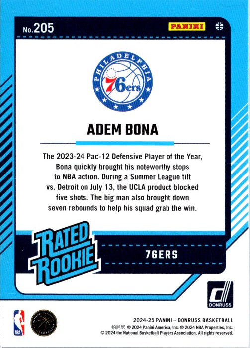 Adem Bona rookie card from Panini Donruss featuring Philadelphia 76ers stats and highlights