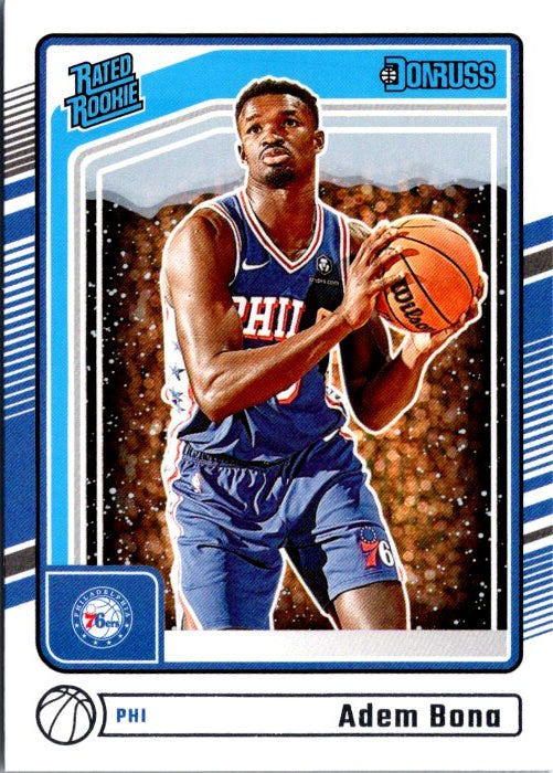 Adem Bona rookie card from DONRUSS PANINI featuring the player in 76ers uniform with a basketball
