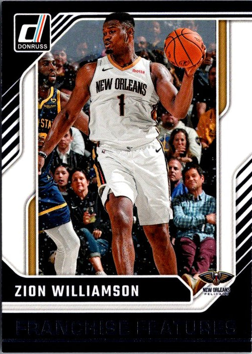 Zion Williamson trading card featuring him in action with the New Orleans Pelicans uniform