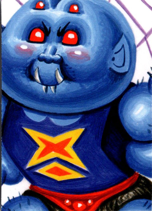 Fake Blake Garbage Pail Kids card showing a blue three-eyed monster character with red eyes and a star emblem