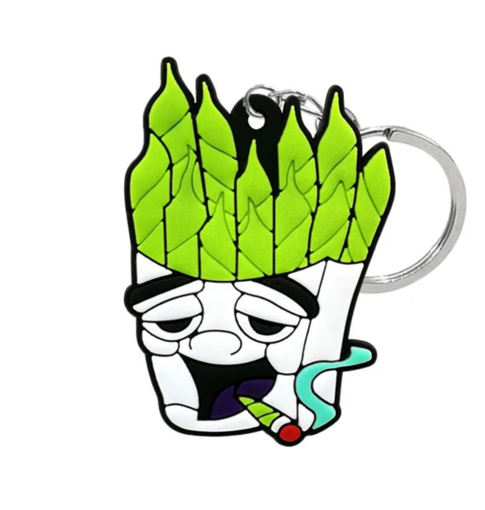 Funny keychain for stoners featuring a cartoonish asparagus character with a joint
