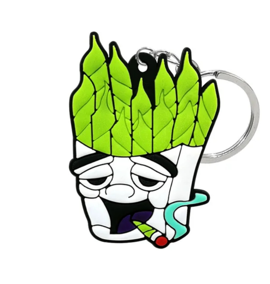 Funny keychain for stoners featuring a cartoonish asparagus character with a joint