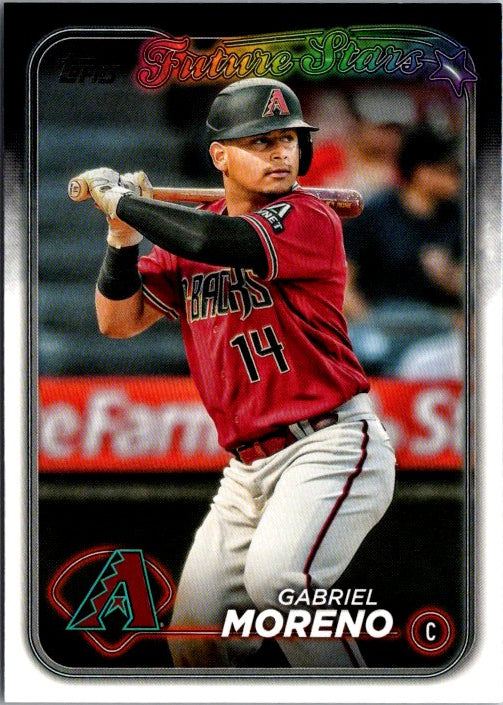 Gabriel Moreno Topps card featuring the player in a batting stance for the Arizona Diamondbacks