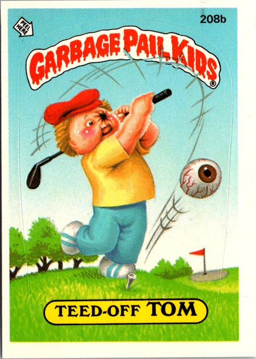 208B TEED-OFF TOM - GARBAGE PAIL KIDS card featuring a boy swinging a golf club on a sunny day