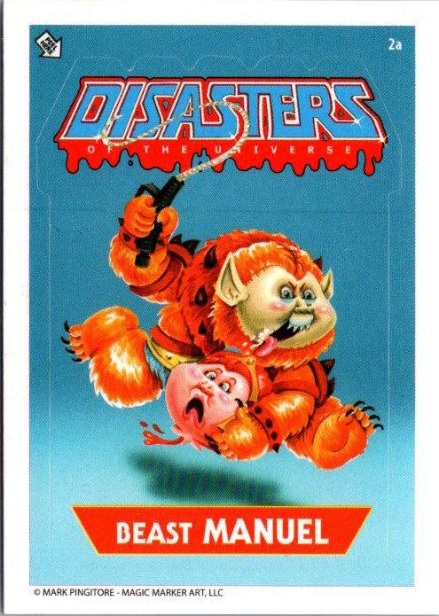 DISASTERS OF THE UNIVERSE Beast Manuel card by MARK PINGITORE featuring Garbage Pail Kids Beast Manuel card design
