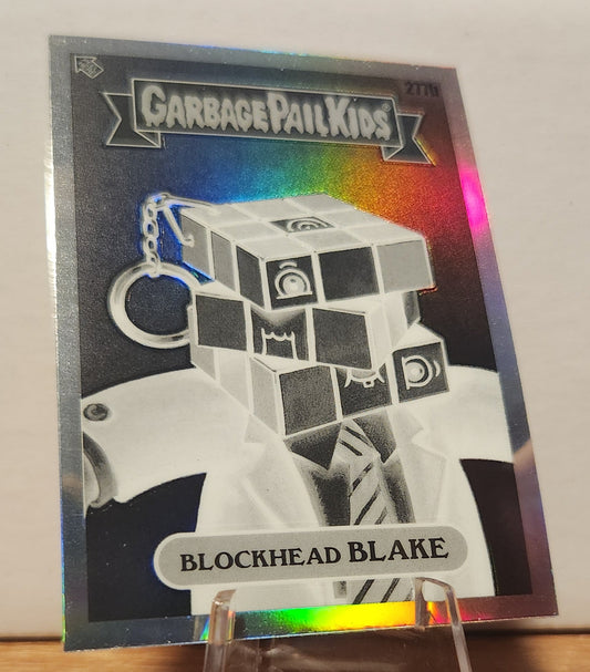 Garbage Pail Kids Blockhead Blake trading card featuring a holographic design and vibrant colors