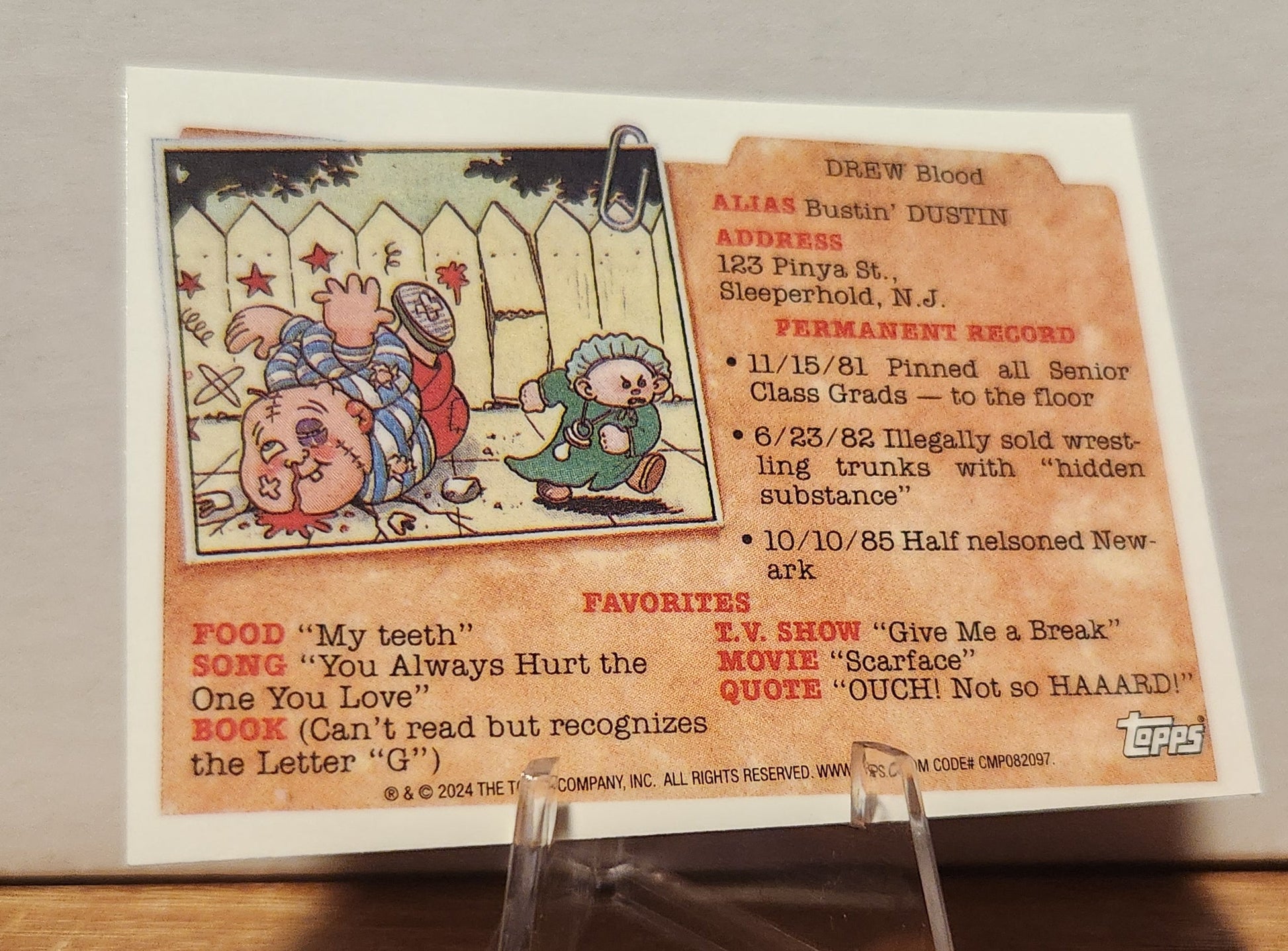 Garbage Pail Kids Blockhead Blake card featuring humorous character illustration and fun facts