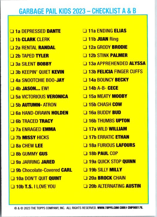 Green border Garbage Pail Kids card checklist for 2023 featuring popular characters and names