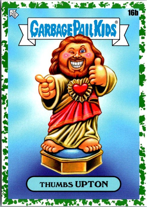 Green border Garbage Pail Kids card featuring Thumbs Upton character with a cheeky smile