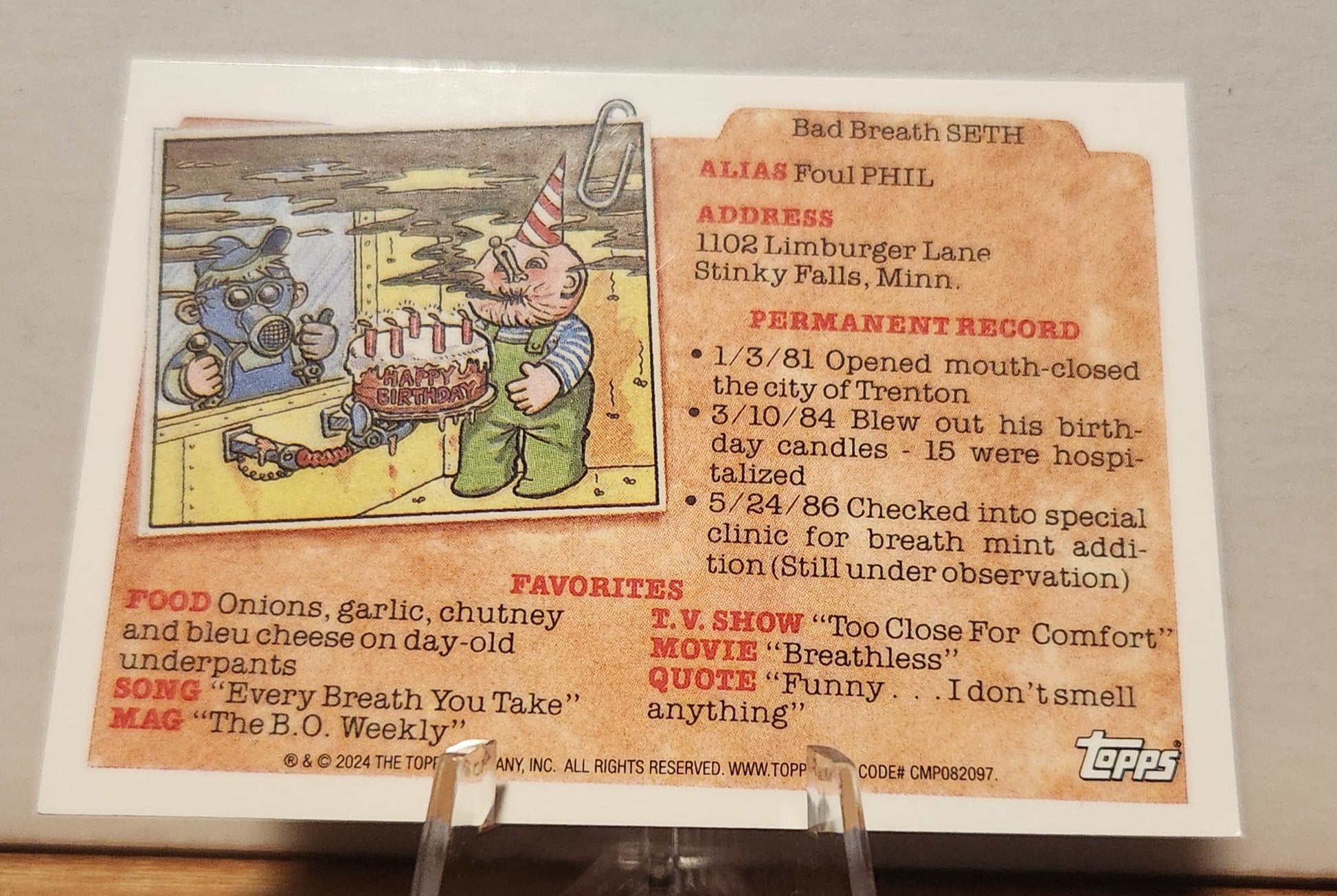 Back of Dairy Cari Garbage Pail Kids card featuring Bad Breath Seth with humorous details and quirky favorites