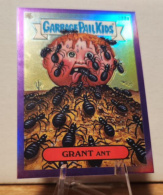 Garbage Pail Kids Grant Ant Purple Refractor card featuring a vivid illustration of a child surrounded by ants