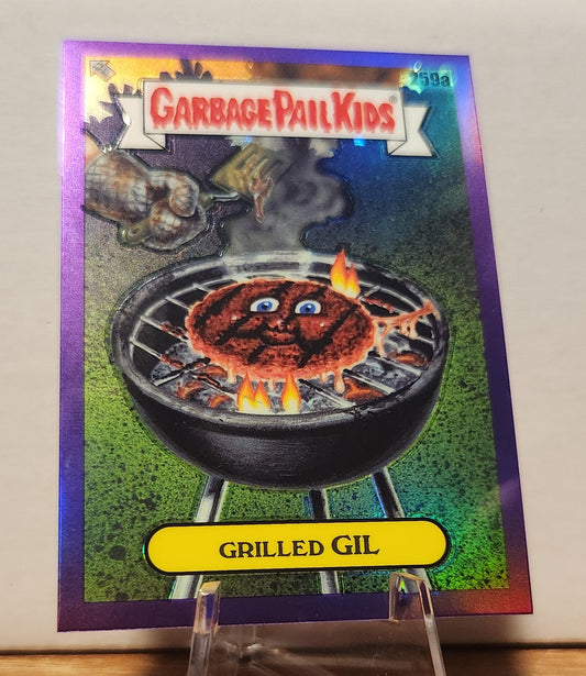 Garbage Pail Kids Grilled Gil collectible card featuring a burger on a grill with vibrant colors