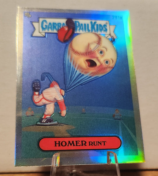 GPK card featuring Homer Runt with baseball-themed artwork and vibrant holographic design