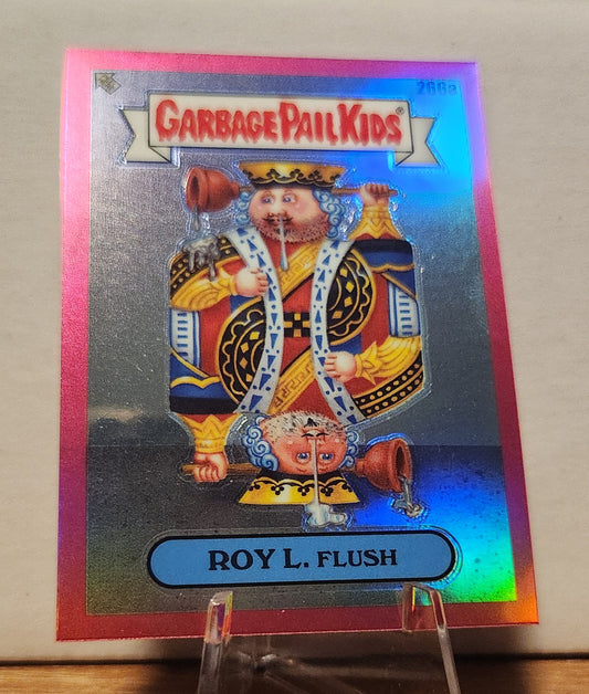 Garbage Pail Kids magenta refractor card featuring Roy L. Flush with shiny holographic finish