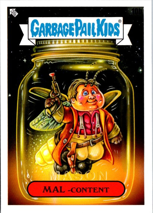 Garbage Pail Kids Mal-Content card featuring a cartoon character in a jar holding a gun