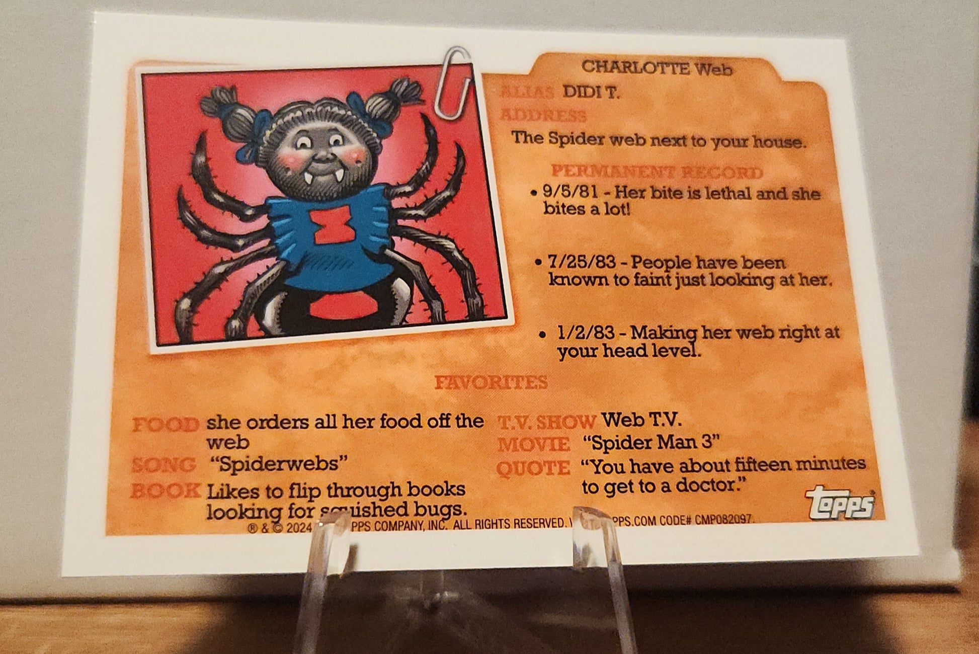 Garbage Pail Kids modern art card featuring Charlotte Web with spider design and humorous details