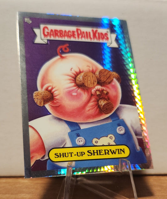 Garbage Pail Kids Shut-Up Sherwin prism refractor trading card featuring a colorful holographic design