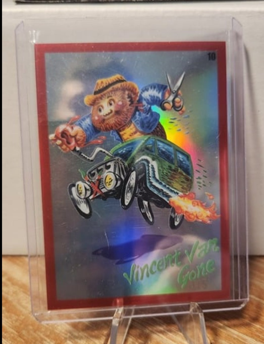 Garbage Pail Kids red refractor card featuring Vincent Van Gone with a vintage car and humorous details