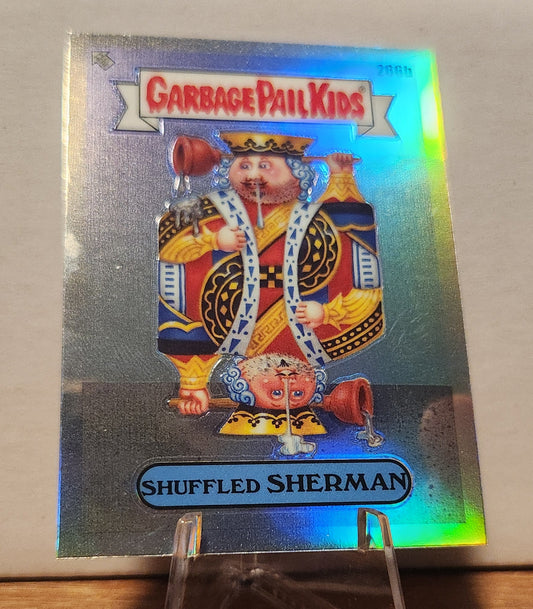 Garbage Pail Kids refractor card featuring Shuffled Sherman with vibrant holographic effects
