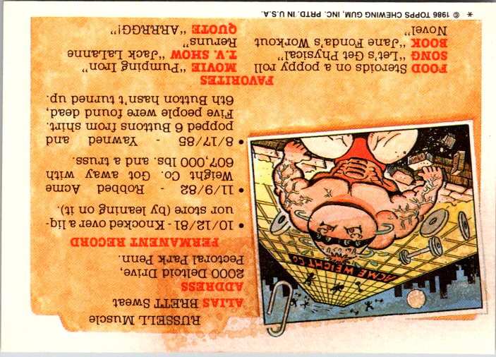 182A SPRAYED WADE - GARBAGE PAIL KIDS trading card featuring Russell Muscle with humorous details