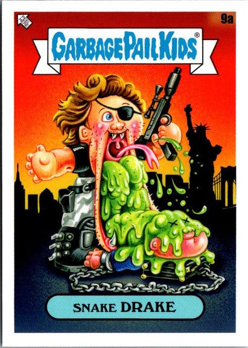 Garbage Pail Kids Snake Drake card featuring a character with gooey slime and a city skyline background