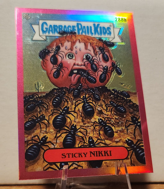 Garbage Pail Kids Sticky Nikki trading card featuring a character surrounded by ants on a glittery background
