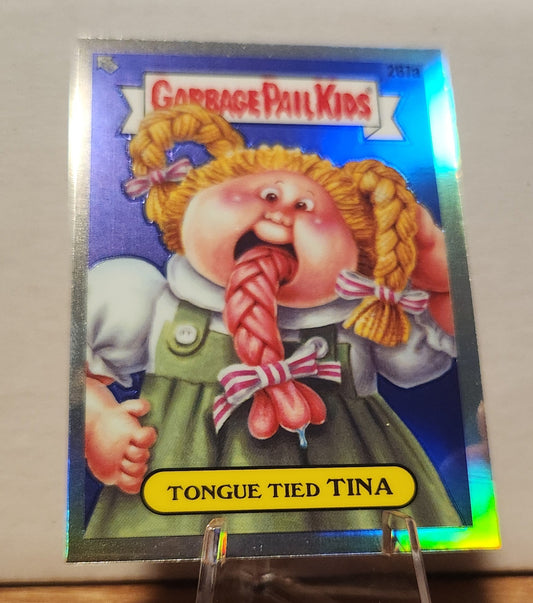 Garbage Pail Kids Tongue Tied Tina Refractor Card featuring a girl with a long tongue