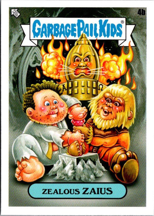 Garbage Pail Kids Zealous Zaius card featuring quirky characters with humorous expressions and fiery background