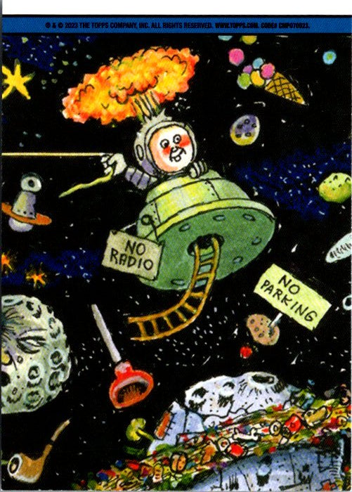 Garbage Pail Kids Zealous Zaius card featuring a cartoon character in a spaceship amidst a chaotic space scene