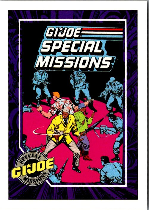 G.I. Joe Special Missions card featuring action-packed comic art with G.I. Joe characters in a dynamic battle scene
