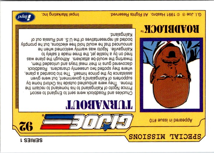 G.I. Joe Special Missions card featuring Roadblock from series 1 with detailed character information