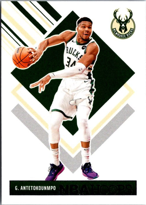 Giannis Antetokounmpo trading card featuring the NBA Hoops design showcasing the Milwaukee Bucks star