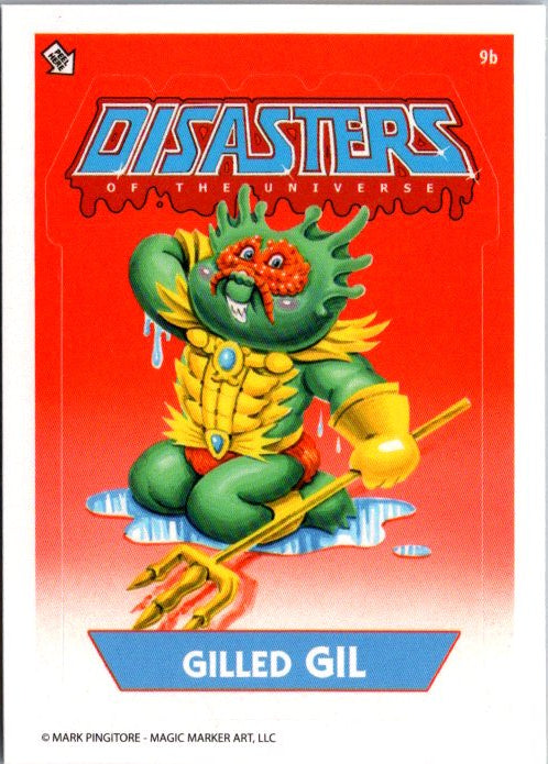 Disasters of the Universe Gilled Gil trading card featuring a green monster holding a trident on a red background