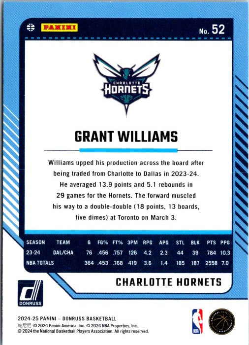 Grant Williams trading card featuring Charlotte Hornets stats and player details by Donruss Panini