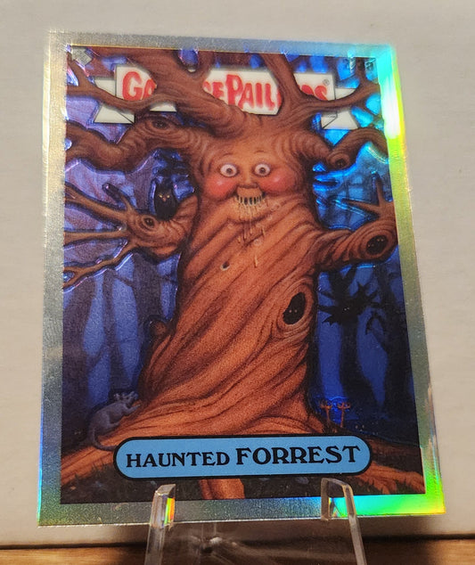 GPK Haunted Forrest refractor card featuring a spooky tree character in a dark forest setting