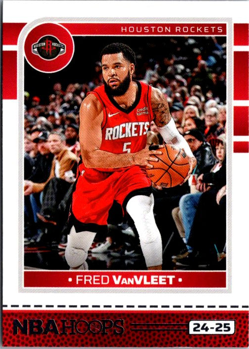 Fred VanVleet trading card featuring him in a Houston Rockets jersey dribbling a basketball