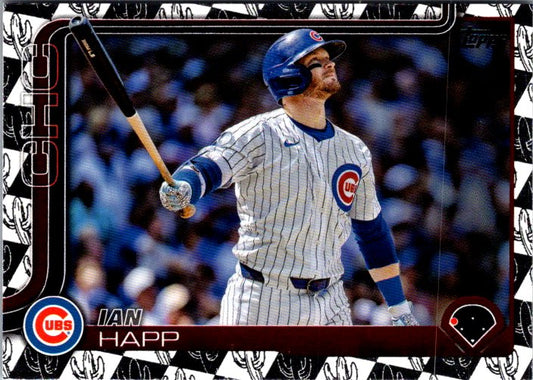 Topps Ian Happ trading card featuring the Chicago Cubs player in action with his bat