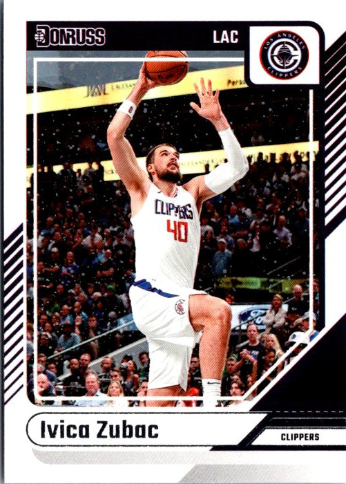 Ivica Zubac trading card featuring the player in a Los Angeles Clippers uniform during a game
