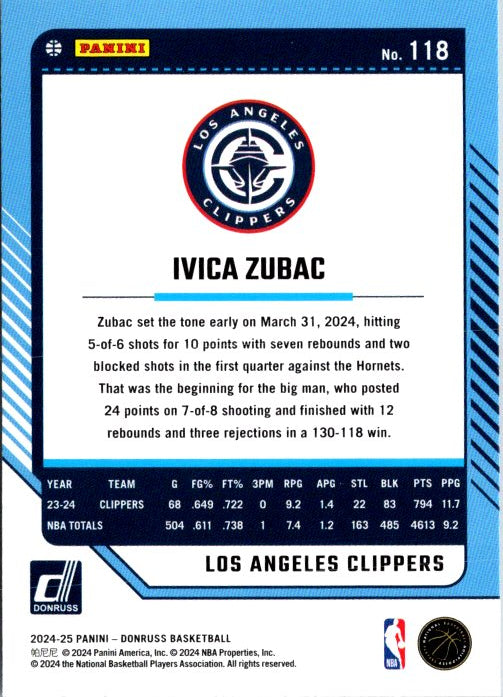 Ivica Zubac trading card featuring Los Angeles Clippers player stats and design details