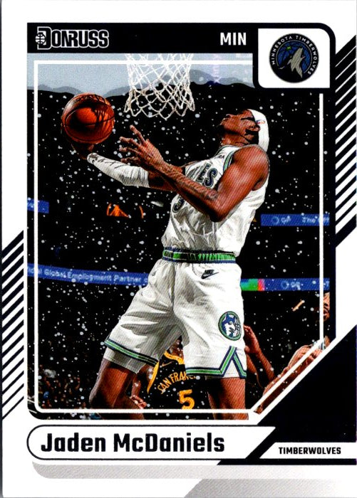 Jaden McDaniels rookie card from Donruss Panini showing McDaniels in action on the court