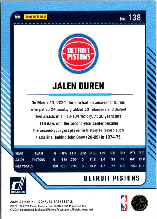 Jalen Duren trading card showcasing his stats and achievements with the Detroit Pistons