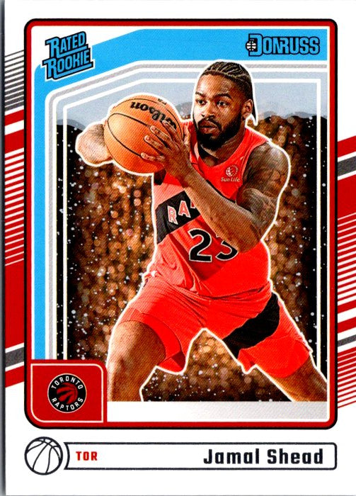 Jamal Shead rookie card from Donruss Panini featuring the player in a red jersey and basketball