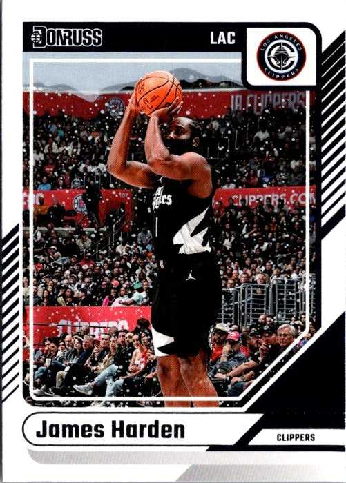 DONRUSS PANINI James Harden trading card featuring Harden shooting a basketball in a Clippers uniform