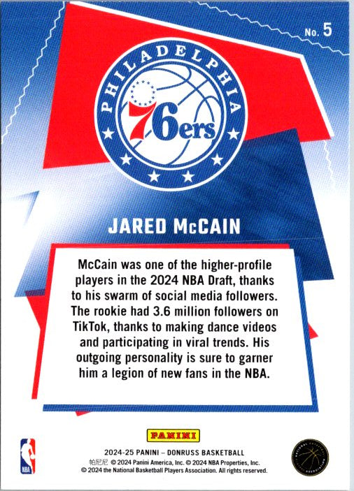 Jared McCain rookie card from DONRUSS PANINI featuring Philadelphia 76ers and player information